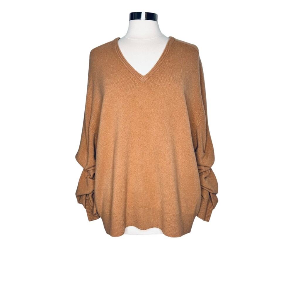 Tory Burch Wool V Neck Sweater Scrunch Sleeve XL NWT Warm Sand Melange - Picture 2 of 9